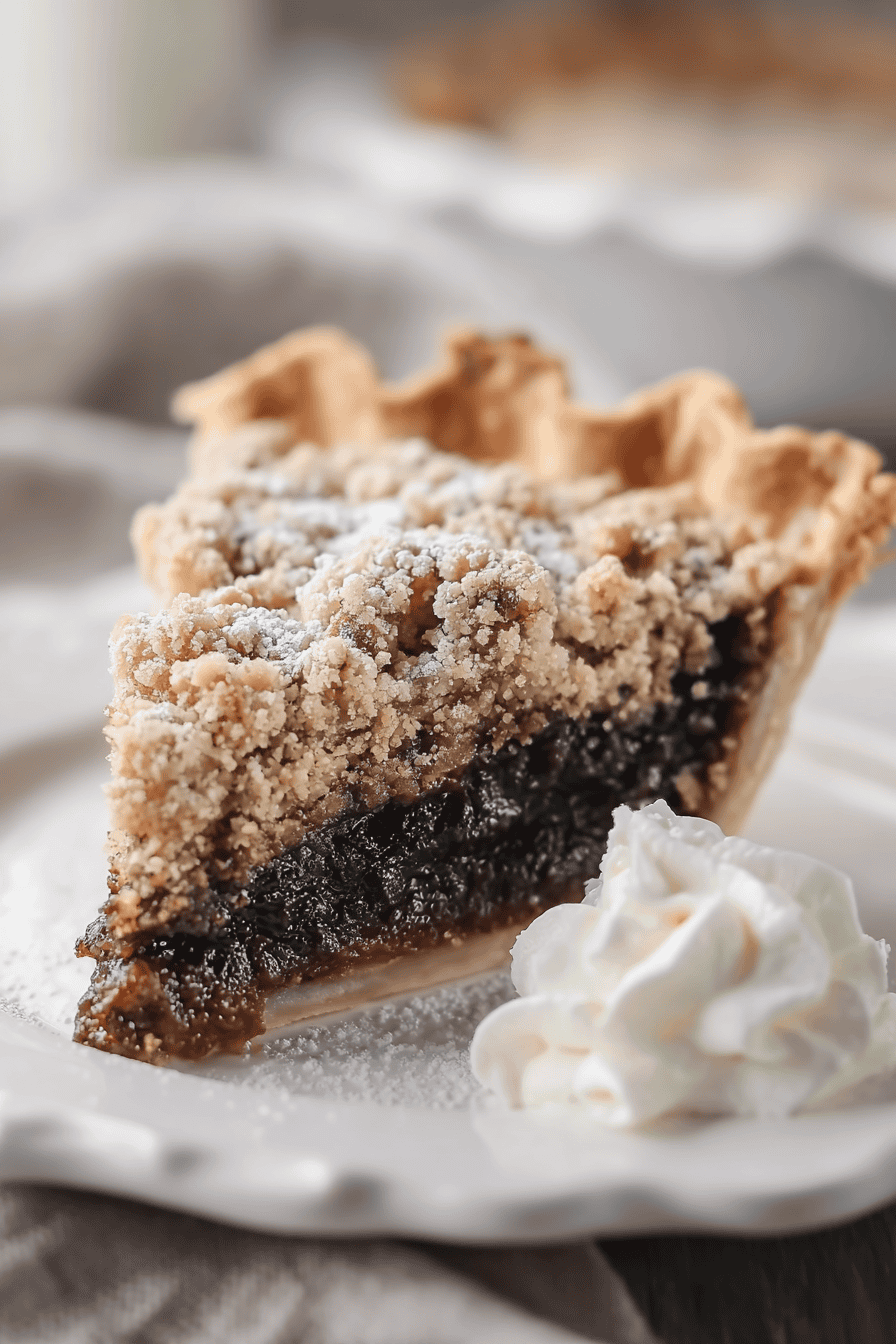 a single slice of traditional Shoofly Pie served on a porcelain dessert plate
