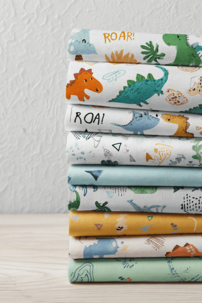 a neatly stacked assortment of colorful children's fabrics featuring whimsical dinosaur-themed prints