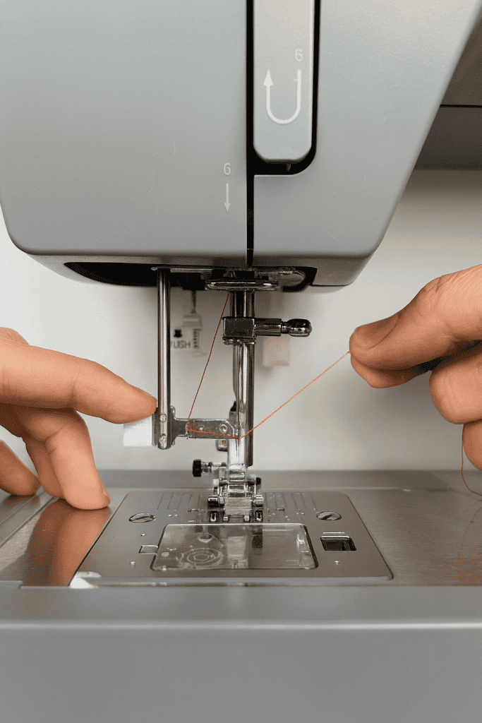a person threading a needle on a modern grey sewing machine