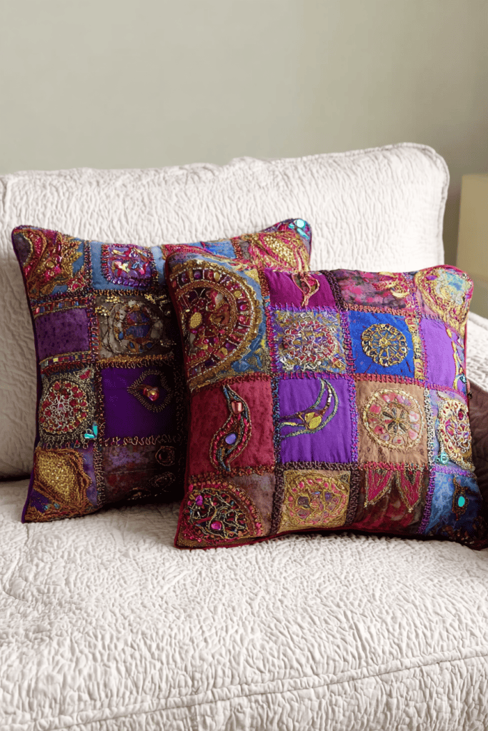 two intricately designed, square patchwork throw pillows placed side by side on a textured white sofa or blanket