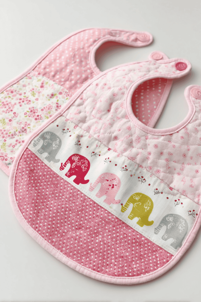 two handmade baby bibs layered neatly on a clean white surface.