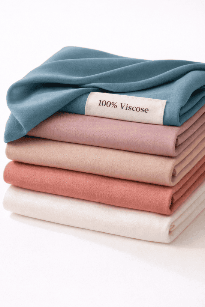 Stack of folded viscose fabric in teal, mauve, sand, coral, and ivory tones on a white seamless background, with a visible “100% Viscose” label stitched into the top layer and one piece softly draped to show fluid texture.