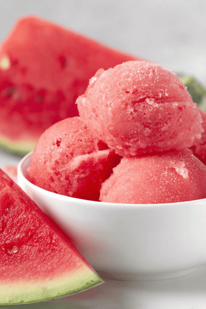watermelon sorbet served in a clean white bowl
