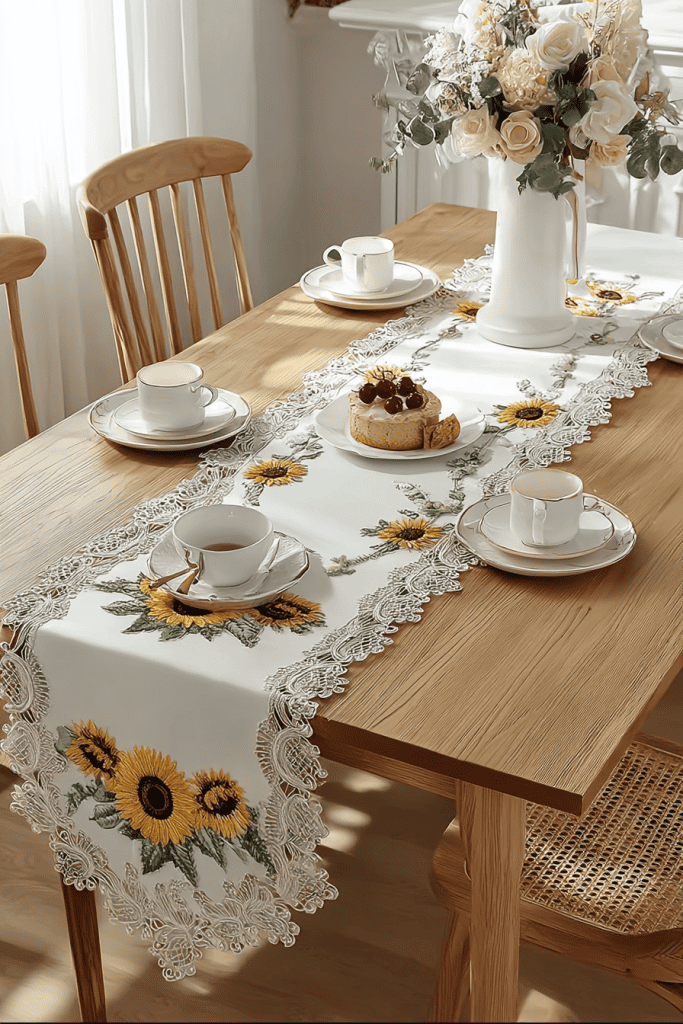 a light wooden dining table adorned with a decorative white table runner
