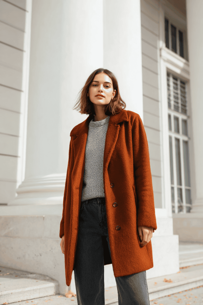 woman wearing a rust-brown wool coat over a gray sweater, standing outside a white neoclassical building with tall windows and columns