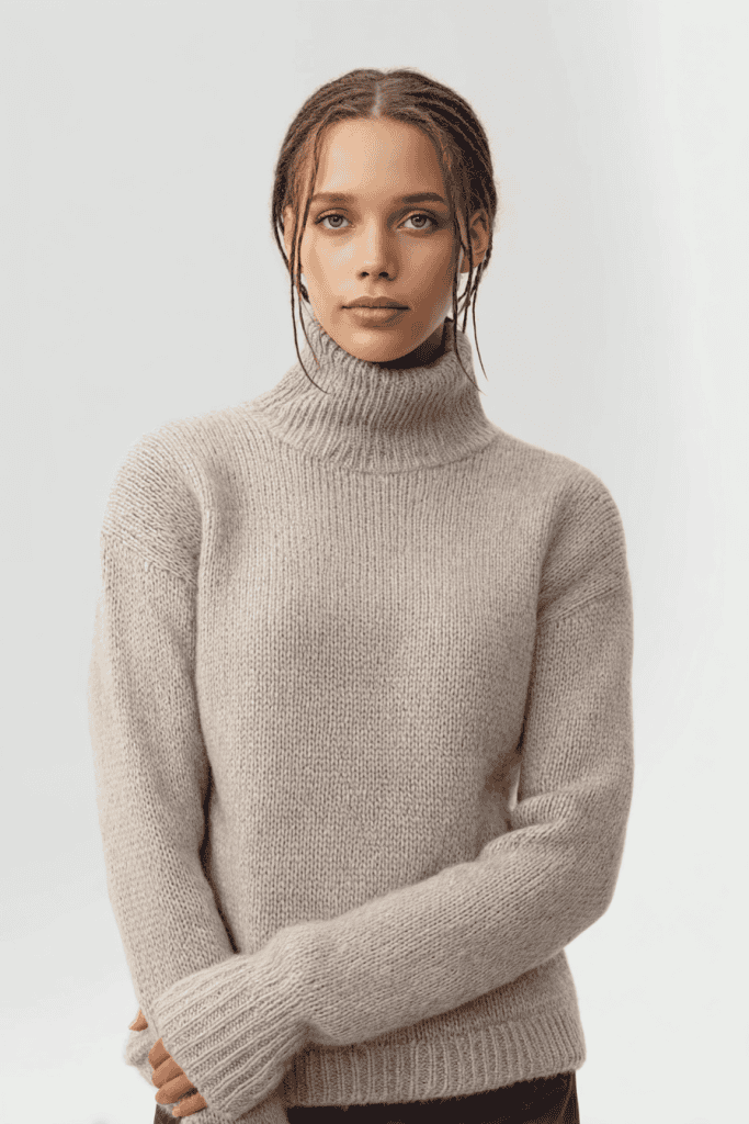 woman wearing a soft wool turtleneck sweater in light beige, visible knit texture with ribbed cuffs and hem