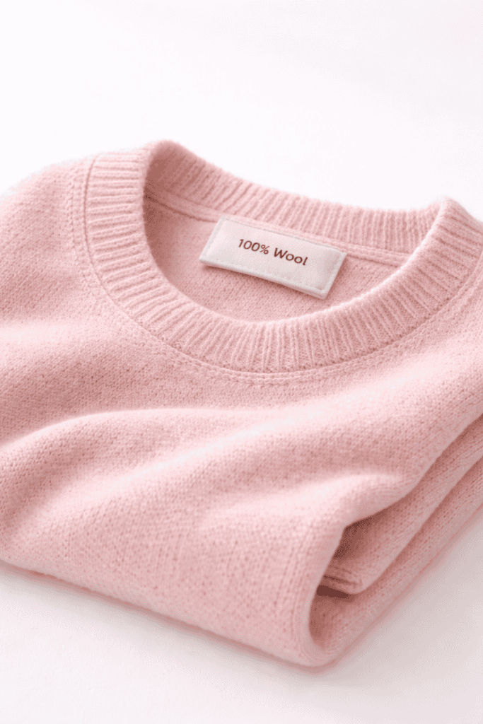 Folded pastel pink wool sweater on a seamless white background with a visible “100% Wool” label stitched inside the neckline,