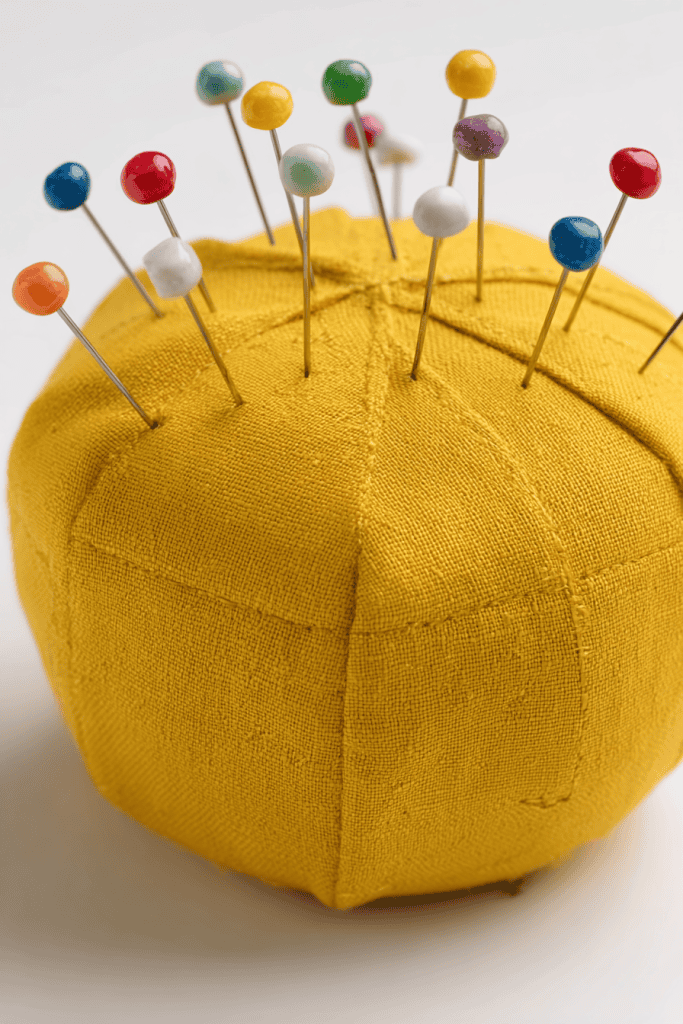 a vibrant yellow pincushion resting on a clean white surface