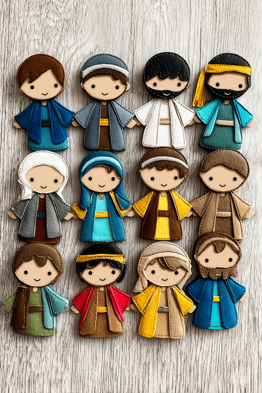 a handmade 12 Disciples craft set arranged on a bright, whitewashed wooden background