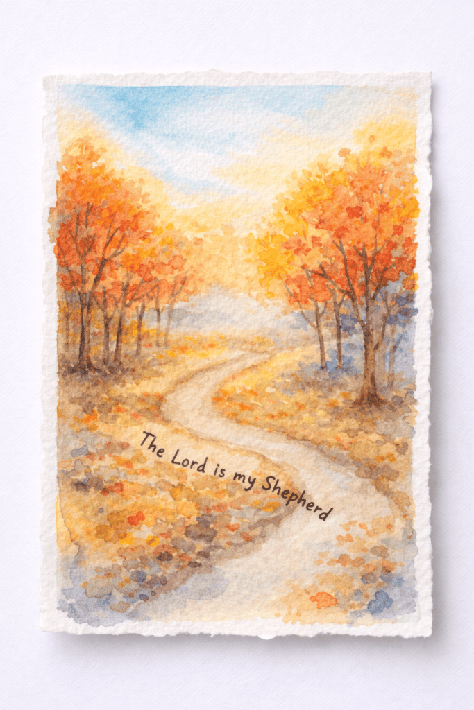 Handmade children’s watercolor painting titled “Psalm 23 Autumn Path” on textured watercolor paper, featuring a winding fall path lined with orange and yellow trees and the handwritten phrase “The Lord is my Shepherd”