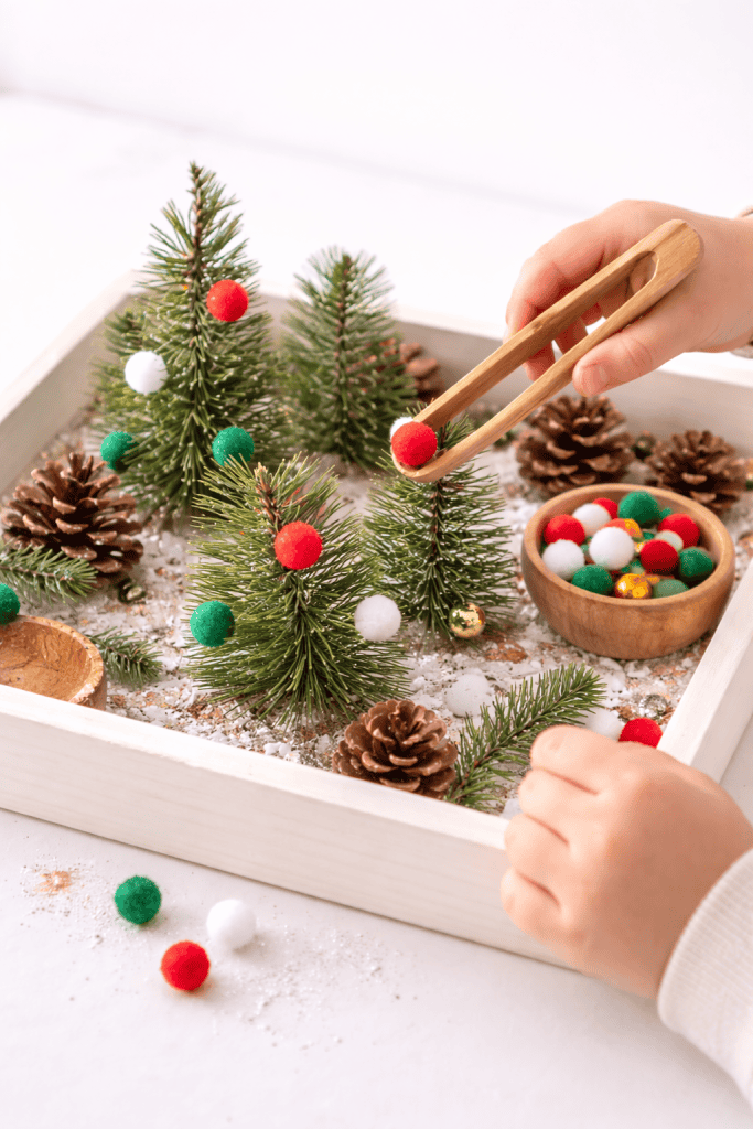 Toddler using wooden tongs to place colorful pom-poms onto small pine branches in a Christmas tree farm sensory tray