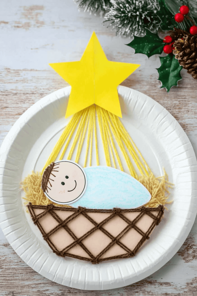 a handmade Christmas nativity craft created on a white paper plate