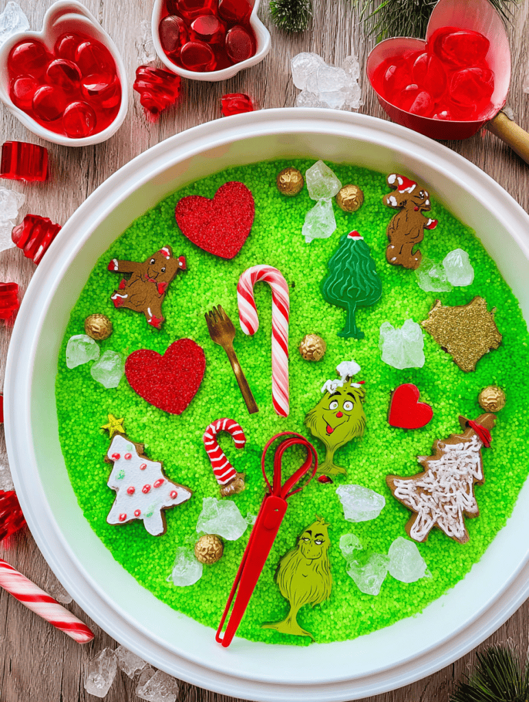 a Christmas-themed sensory play tray inspired by The Grinch.