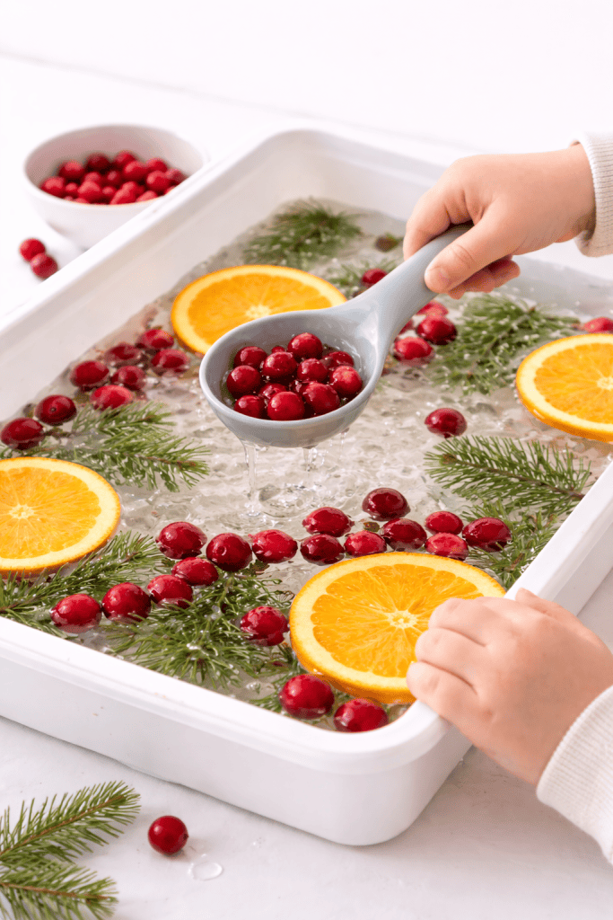 Toddler scooping cranberries from a water-filled sensory bin with floating orange slices and evergreen sprigs