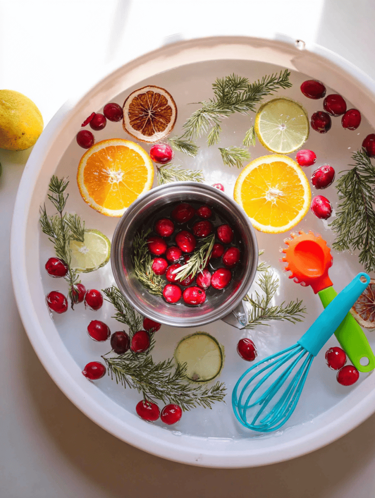  top-down holiday-themed photograph of a winter sensory water play tray.