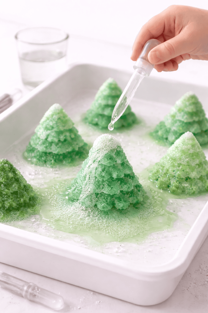 Toddler using a dropper to add vinegar to green baking soda Christmas tree shapes, creating fizzing bubbles in a white sensory tray