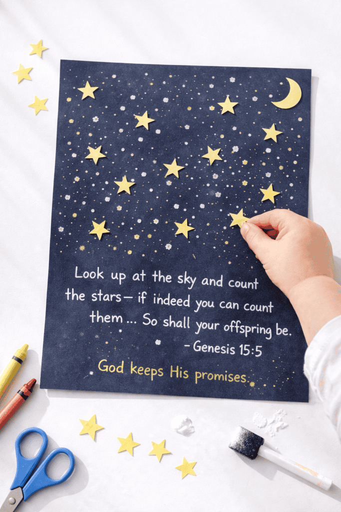 Children’s “God’s Promise to Abraham” night sky craft with yellow paper stars and crescent moon on navy paper, featuring Genesis 15:5 handwritten at the bottom