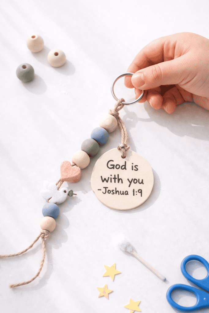 Handmade faith-based beaded key chain with wooden beads, felt heart, small cross charm, and a round tag reading “God is with you – Joshua 1:9,”