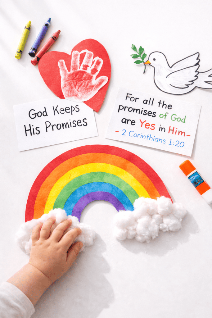 Colorful children’s faith-based crafts including a paper rainbow with cotton clouds, a handprint heart reading “God Keeps His Promises,” a Bible verse card from 2 Corinthians 1:20, and a paper dove