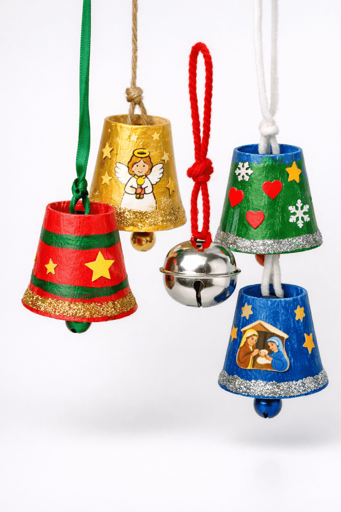 Four handmade Christmas bell ornaments made from painted paper or plastic cups
