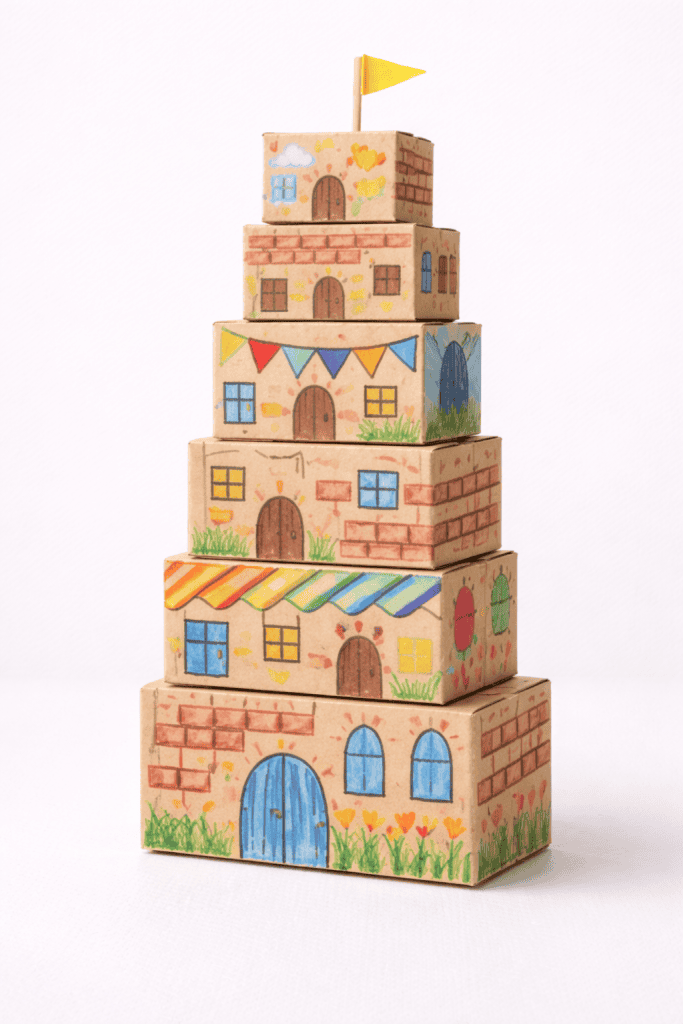 Handmade “Tower of Babel” children’s craft made from stacked cardboard boxes decorated with colorful marker brick patterns, drawn windows and doors, and paper banners