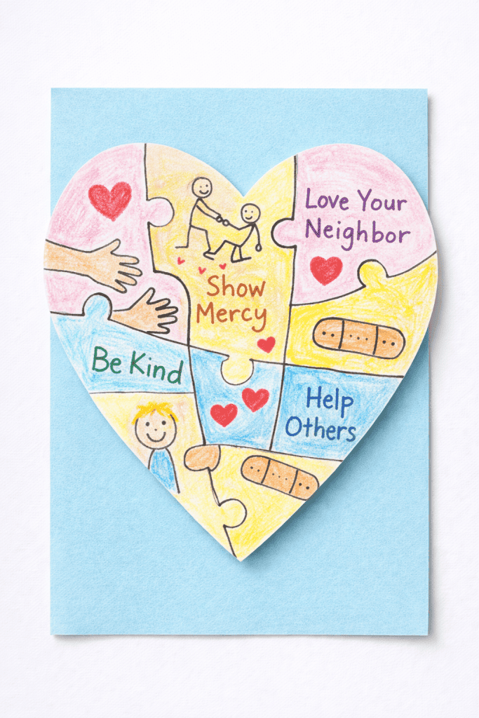 A heart-shaped paper craft made from interlocking puzzle pieces