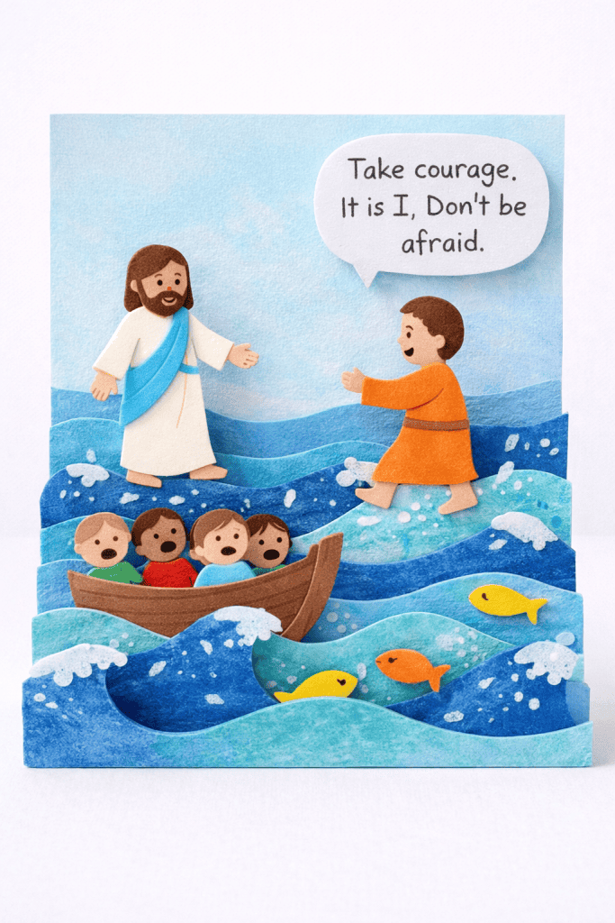 Handmade children’s “Jesus Walks on Water” foam scene craft with layered blue foam waves, stand-up figures of Jesus and Peter, a brown foam boat with disciples, colorful foam fish, and a speech bubble reading “Take courage. It is I. Don’t be afraid.”