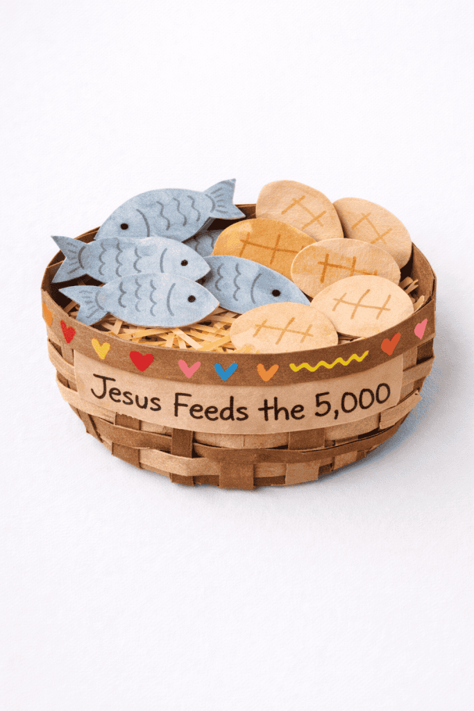 A small woven basket craft filled with paper fish and round paper loaves of bread