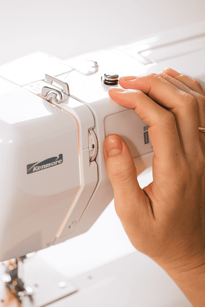 a person adjusting the settings on a white Kenmore sewing machine.