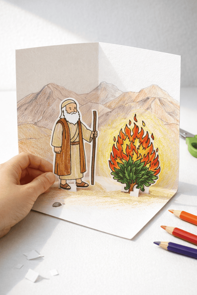 Moses and the Burning Bush 3D pop-up craft made from folded white cardstock, featuring a hand-drawn desert backdrop, a standing cut-out of Moses holding a staff, and a green bush with red and orange flames.