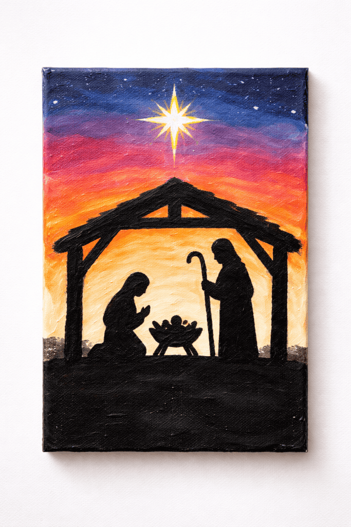 A painted canvas of the nativity scene shows dark silhouettes of Mary kneeling, baby Jesus in a manger, and Joseph holding a staff inside a simple stable.