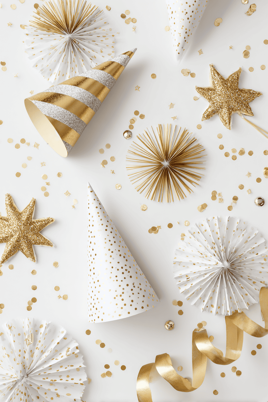 Collection of finished New Year’s kids crafts party hats