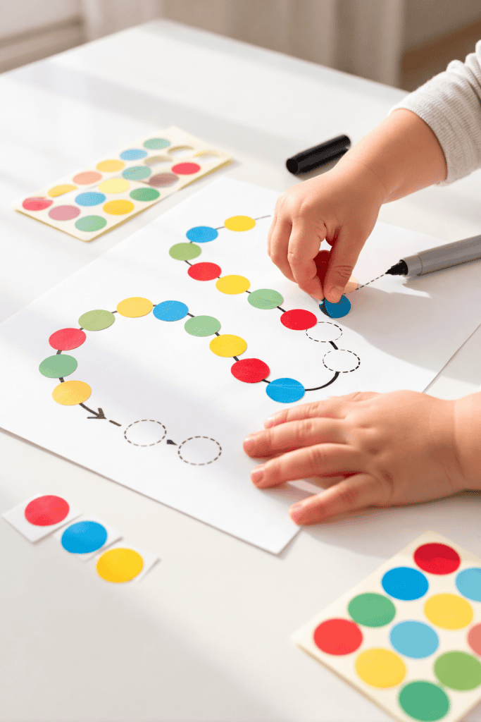 Toddler placing colorful round stickers along a curved dotted path on white paper, practicing fine motor skills