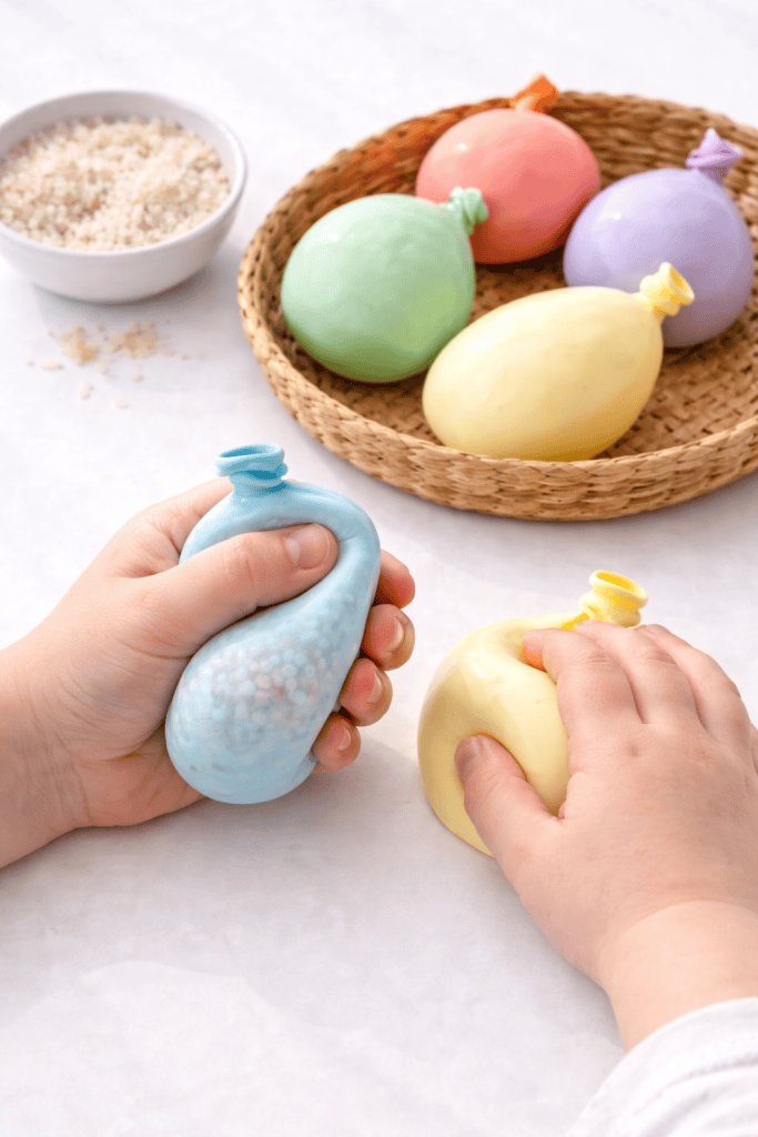Preschooler squeezing a pastel blue sensory balloon filled with water on a white surface, with other textured balloons filled with rice, flour, and beans arranged on a small tray