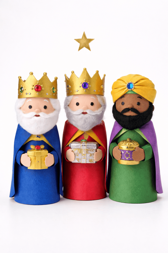 Three handmade Wise Men figurines stand side by side