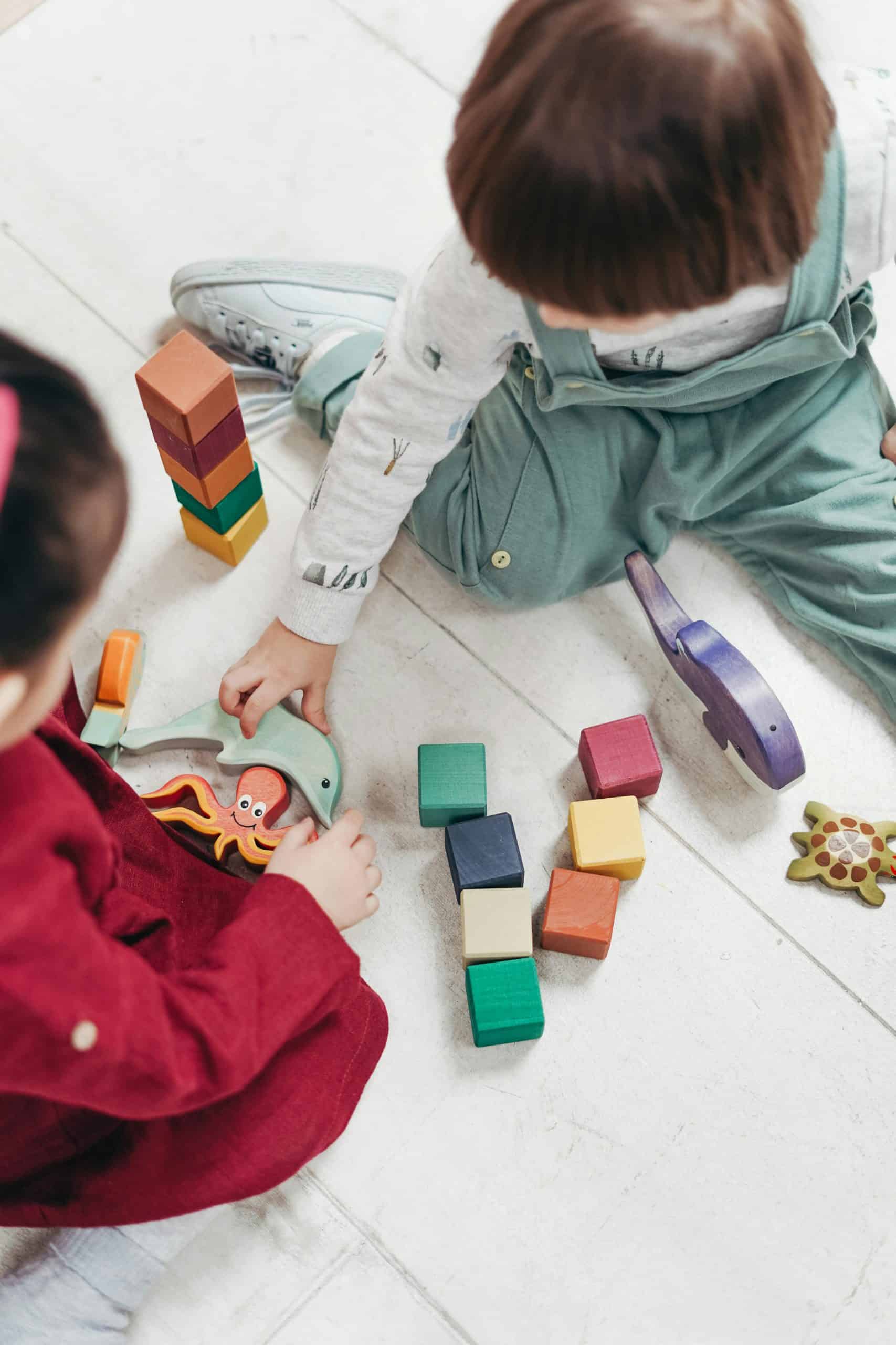 Two children playing with lego blocks and other toys