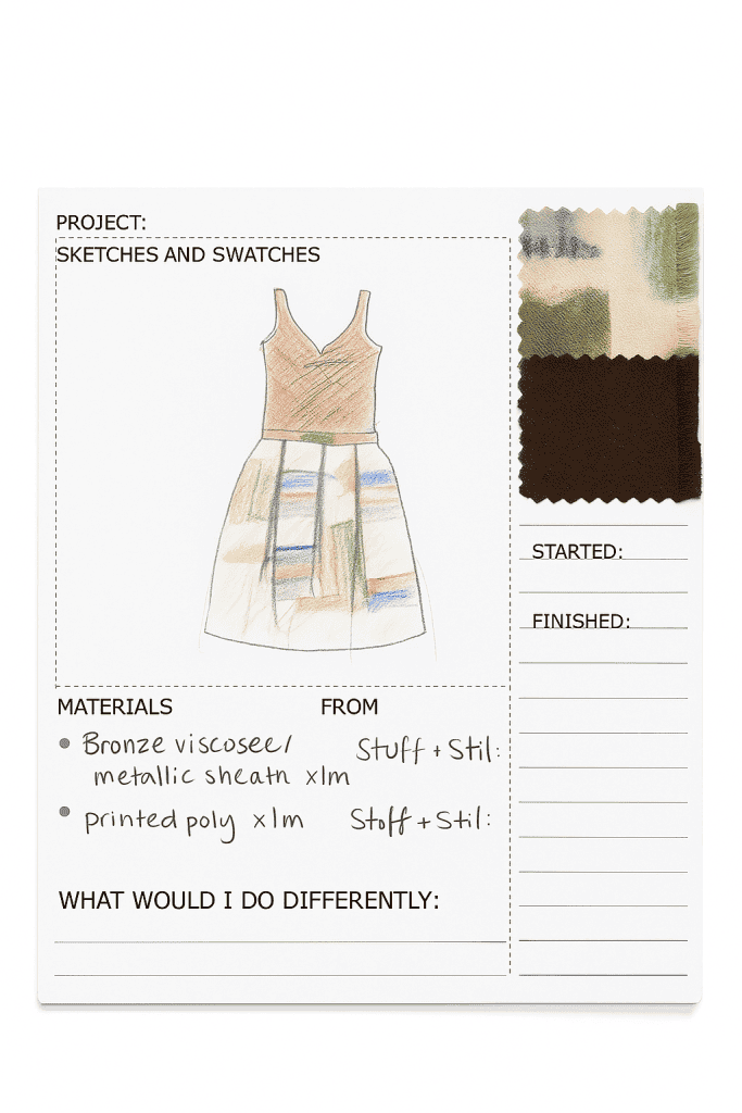 an open spiral-bound sewing project notebook displayed on a warm wooden surface