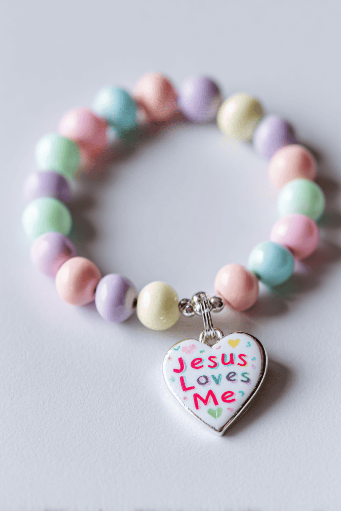 a finished toddler bracelet craft: pastel pony beads on a soft-colored pipe cleaner, simple heart-shaped charm with "Jesus Loves Me" written in childlike lettering