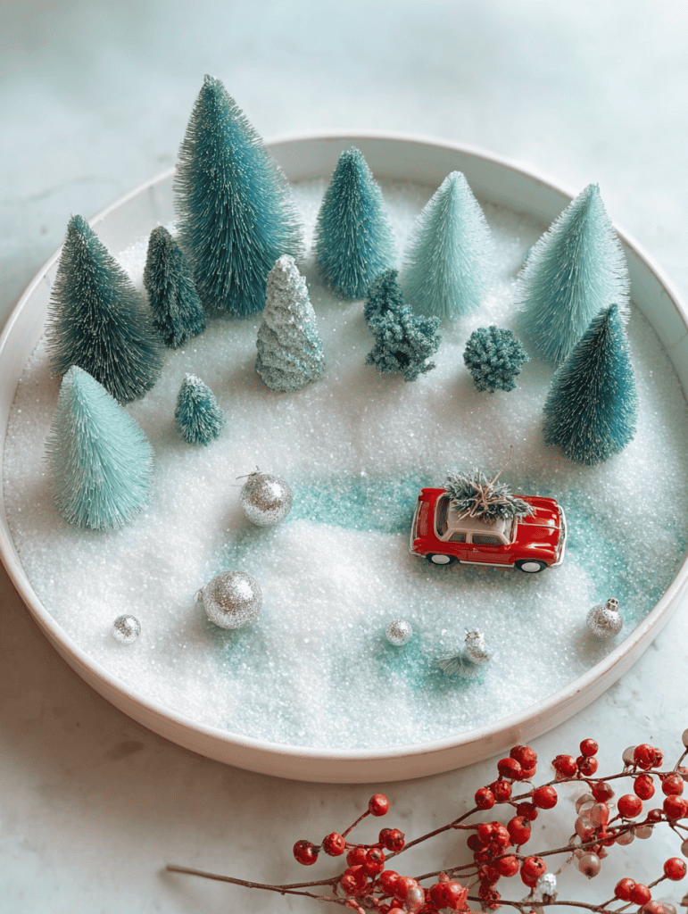 winter-themed photograph of a circular white sensory tray filled with faux snow.