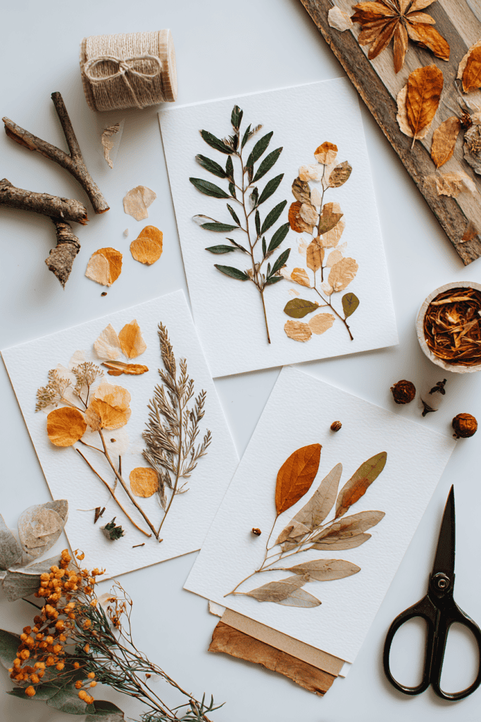 handmade nature collages made from leaves, twigs, seeds, and flower petals arranged on white cardstock