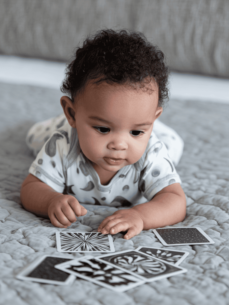 a baby engaged in visual stimulation with high-contrast black and white flashcards