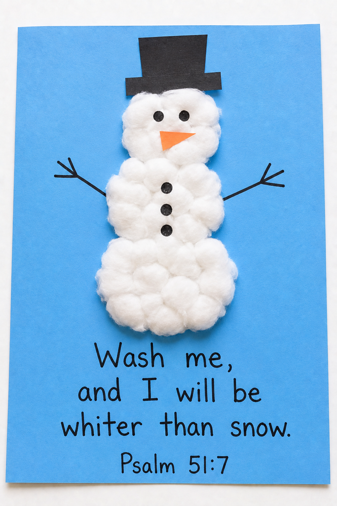 a handmade cotton ball snowman craft on cardstock with Psalm 51:7 handwritten beneath it
