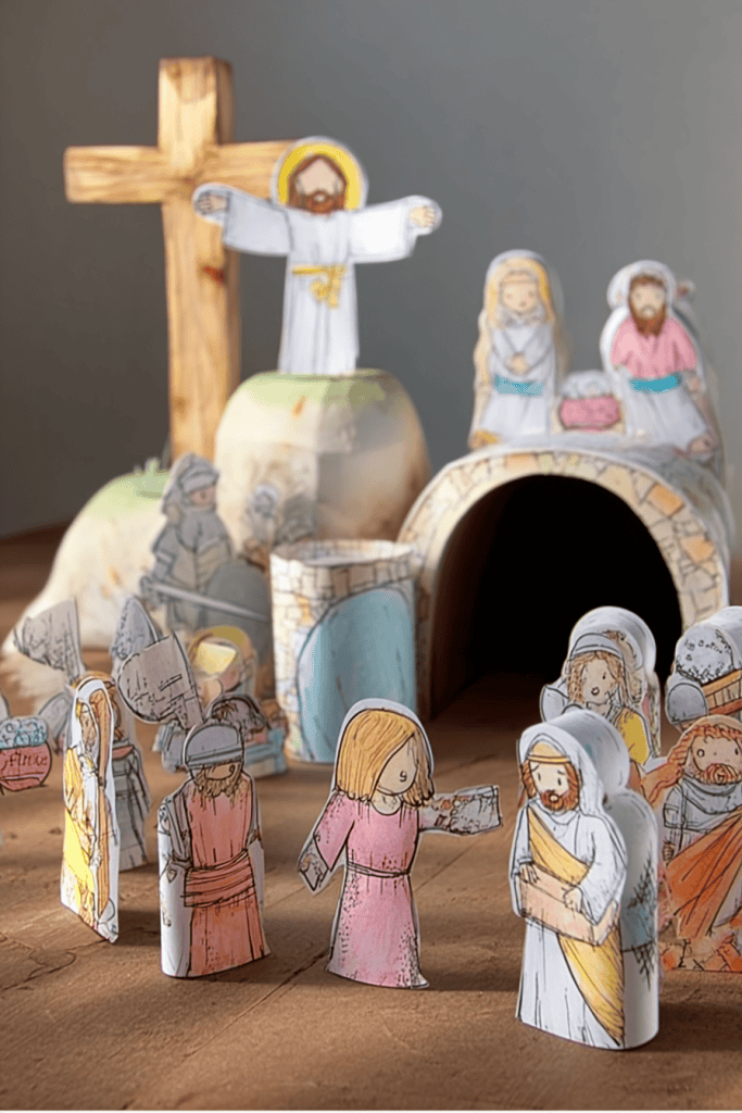 a handcrafted Resurrection Sunday (Easter) scene made from paper and cardboard.