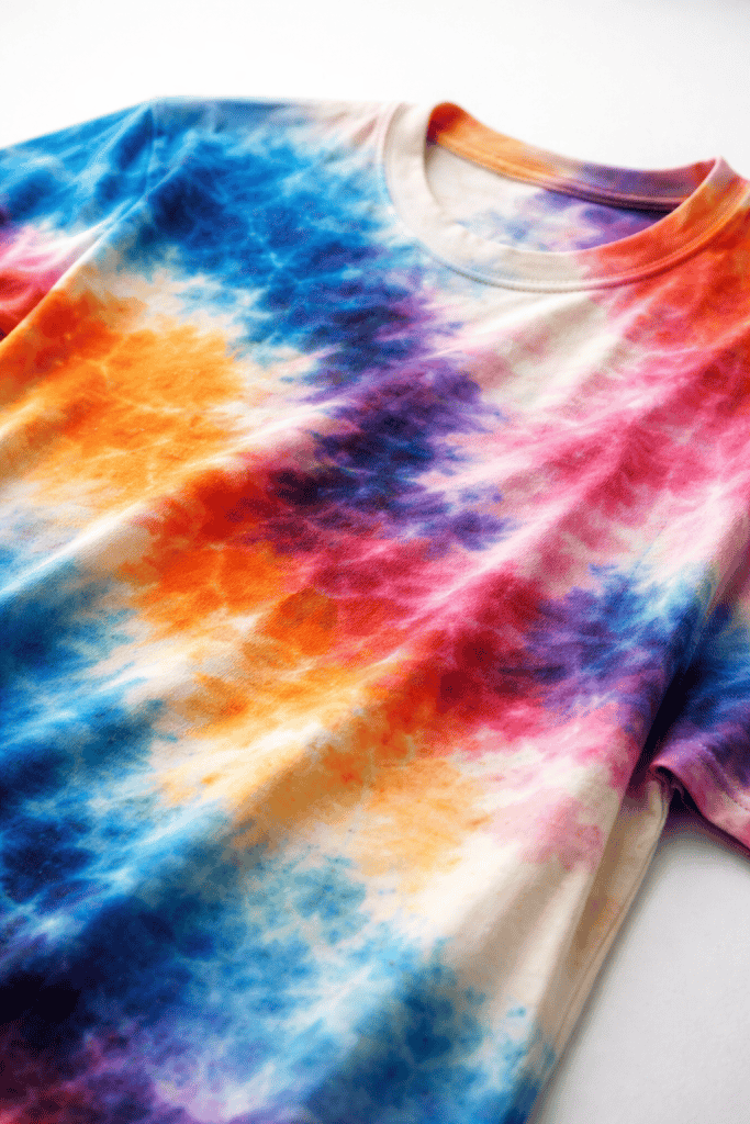 a dyed t-shirt laid flat on a clean white table