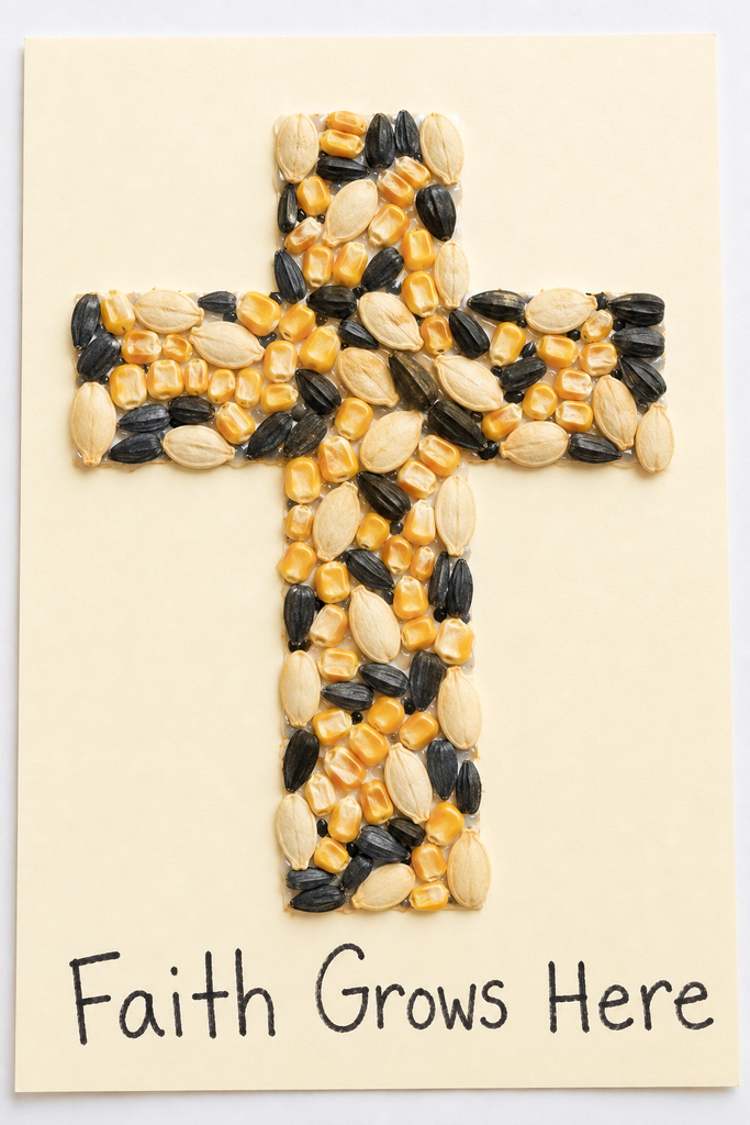 a handmade seed mosaic craft of a cross made from pumpkin seeds, corn kernels, and sunflower seeds with the words Faith Grows Here written beneath it