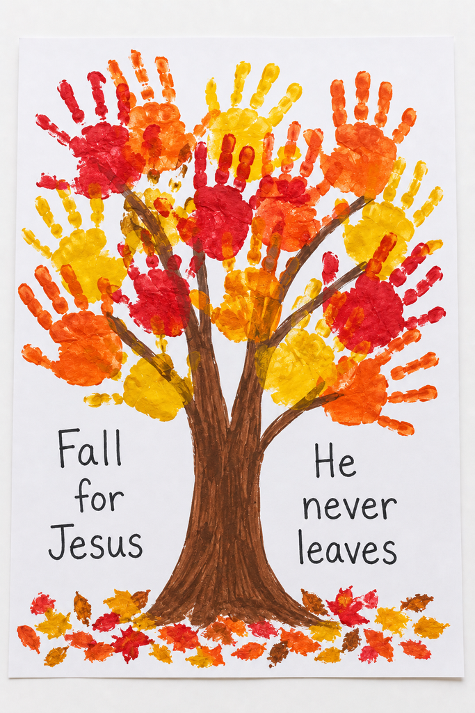 a handmade handprint tree craft with painted handprints in fall colors as the leaves and the words Fall for Jesus He never leaves beside the trunk