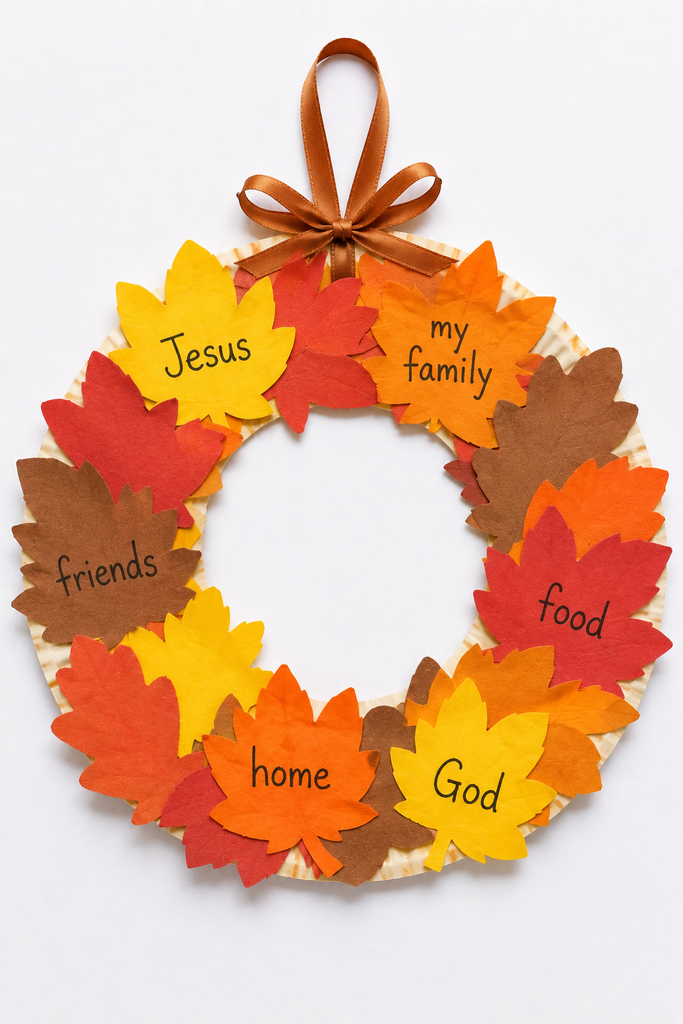 a handmade paper plate wreath craft covered in colorful paper leaves, some with handwritten words, with a ribbon loop at the top