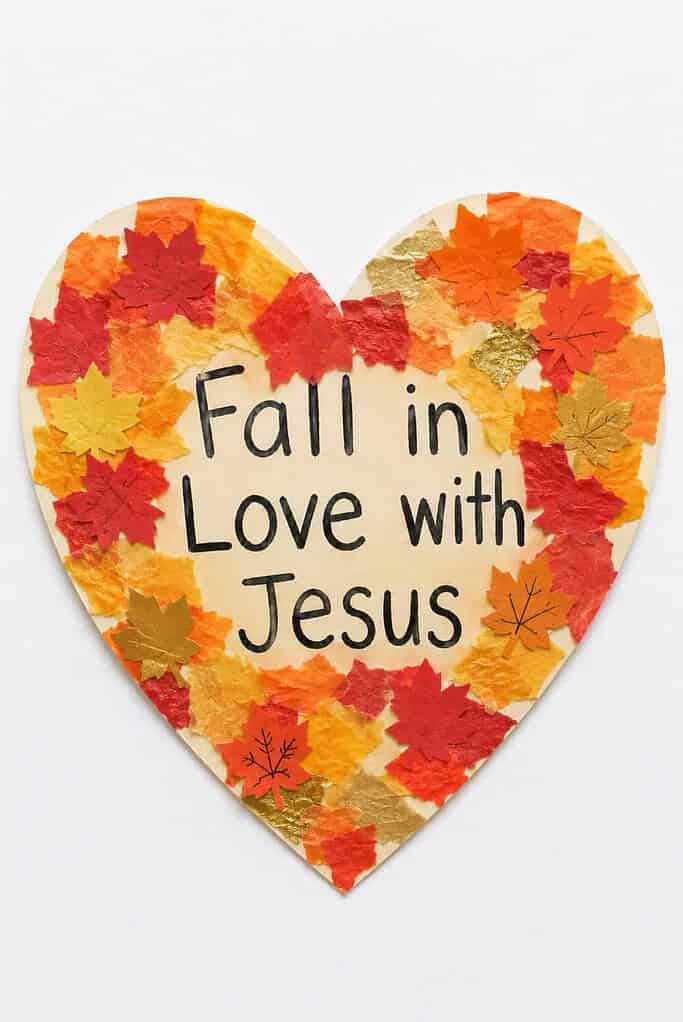 a handmade paper heart craft covered in fall-colored tissue paper and leaves with the words Fall in Love with Jesus written across the middle