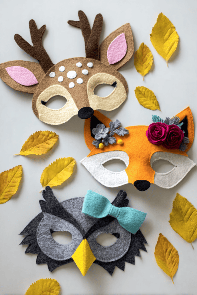 three beautifully handcrafted felt animal masks