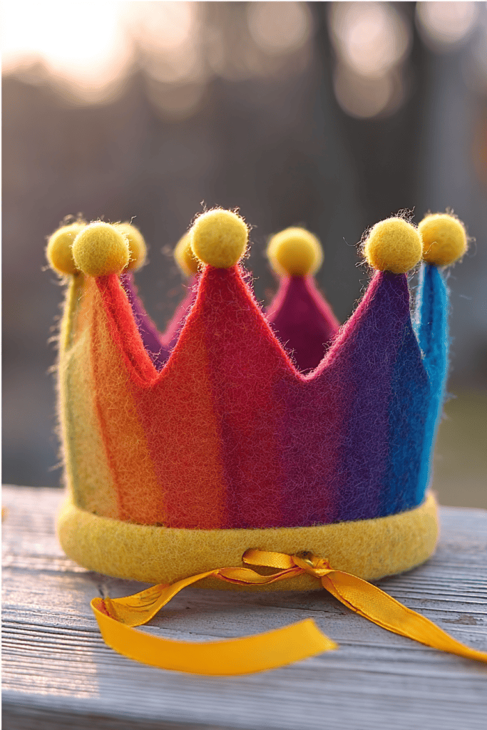 a handcrafted felt crown with a vibrant, rainbow-gradient color scheme.